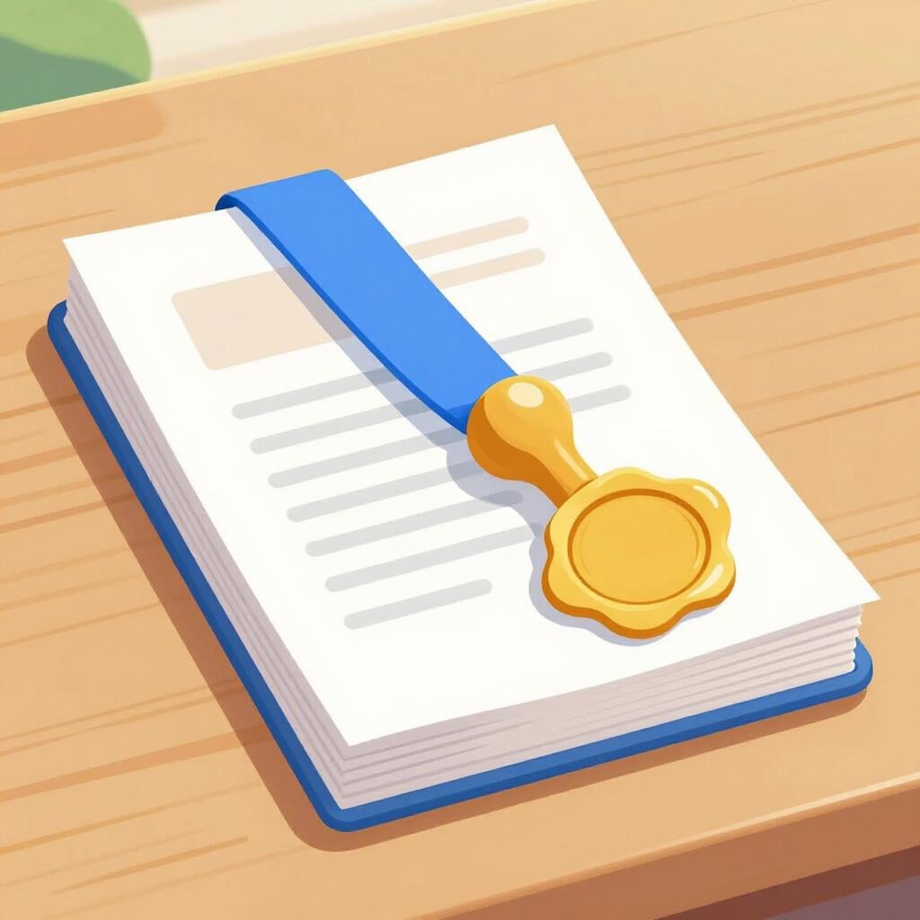 Een formeel papieren document met een gouden zegel van was, rustend op een houten bureau.