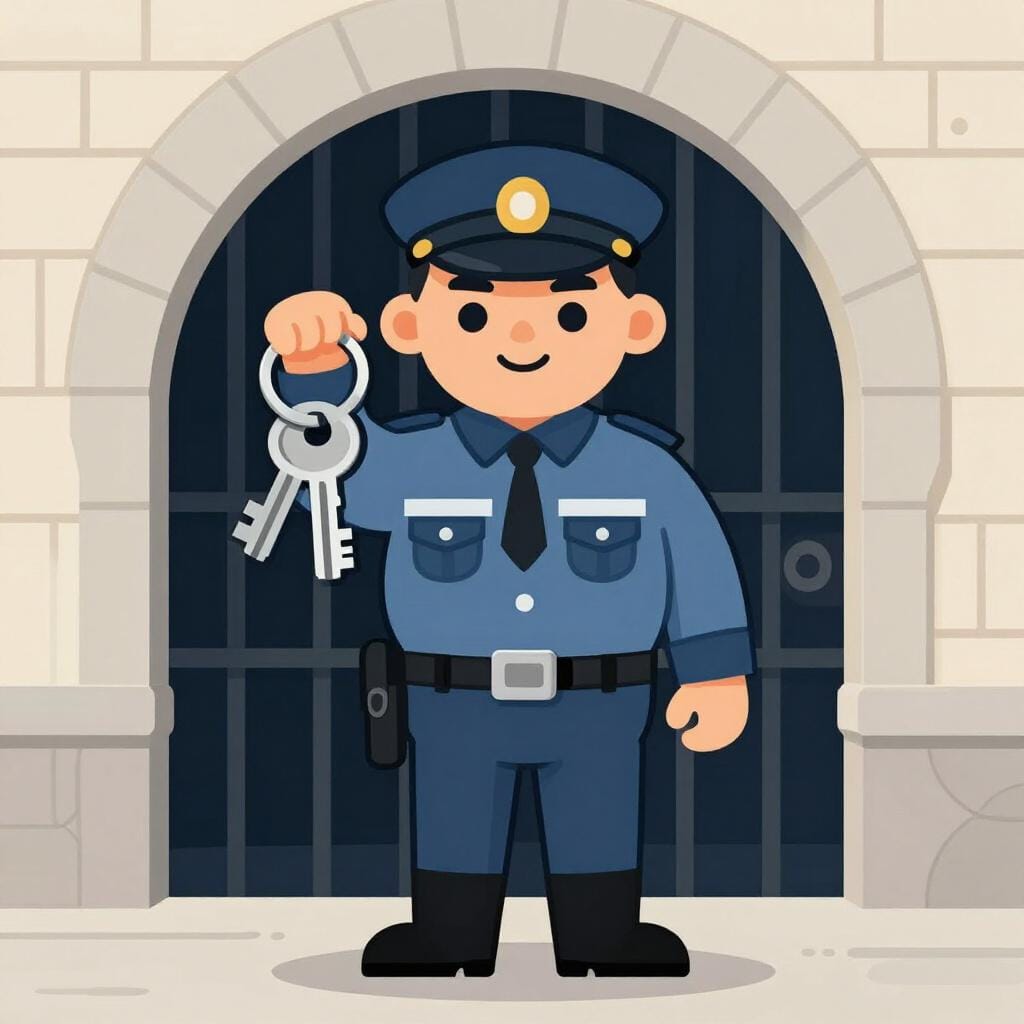 A stern but fair person in a uniform standing in front of a heavy iron gate with a large ring of keys.