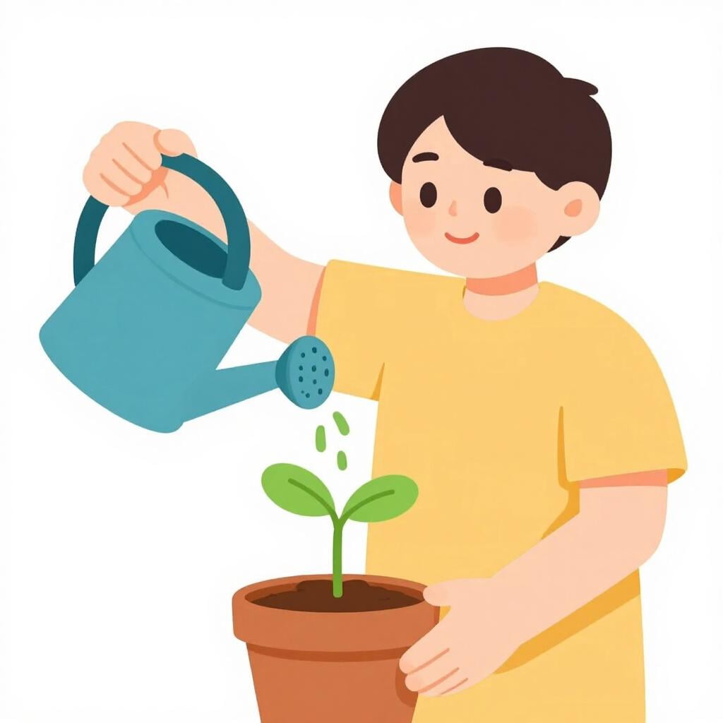 ひび割れた鉢から育っている小さな緑の植物に、人が注意深く水をやっている。