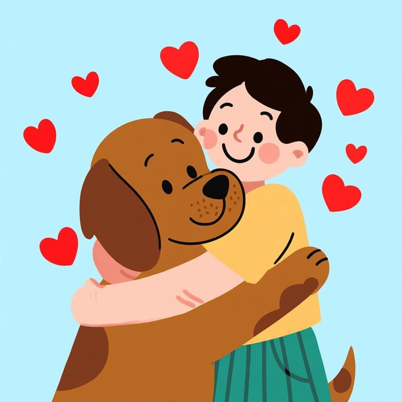 A happy person tightly hugging a friendly brown dog, with floating red hearts indicating deep affection.