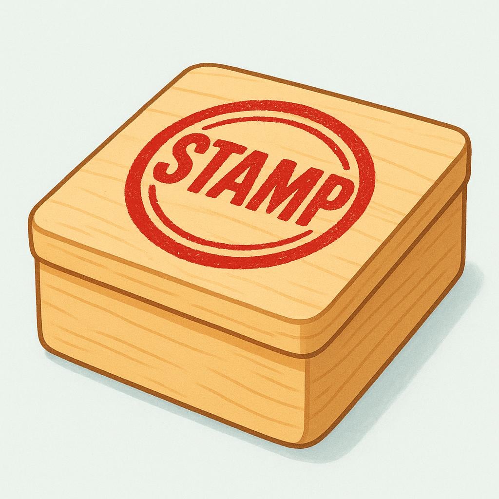 A plain wooden box with a large, distinct red stamp impression clearly visible on its top surface.