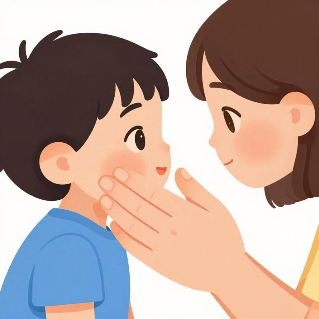 A gentle hand softly stroking the cheek of a smiling child.