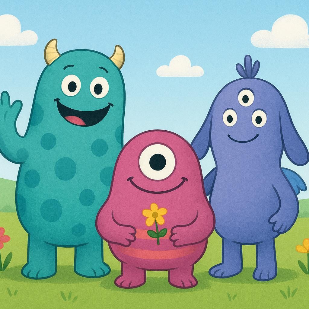 A colorful illustration showing three different cartoonish monsters, one green, one purple, and one blue, standing happily in a grassy field.