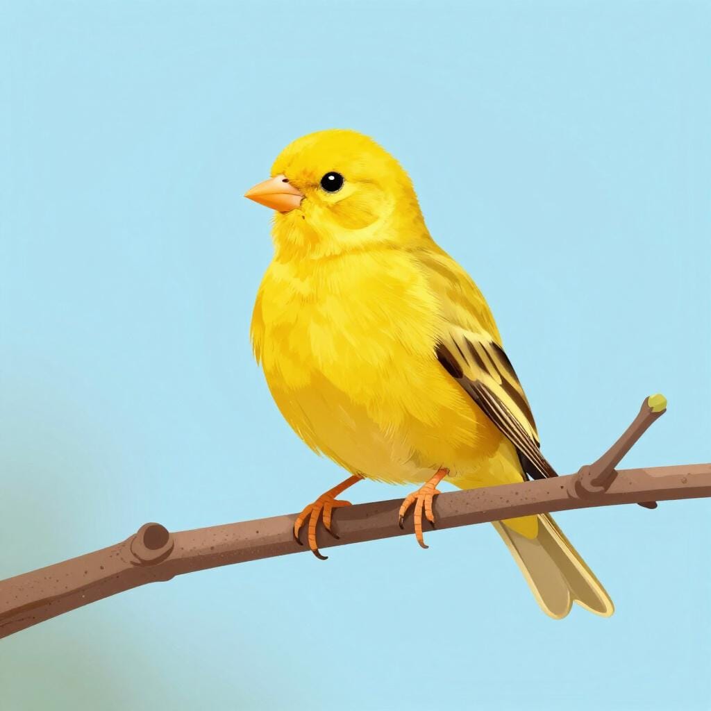 A small, bright yellow canary bird perched on a simple wooden branch.