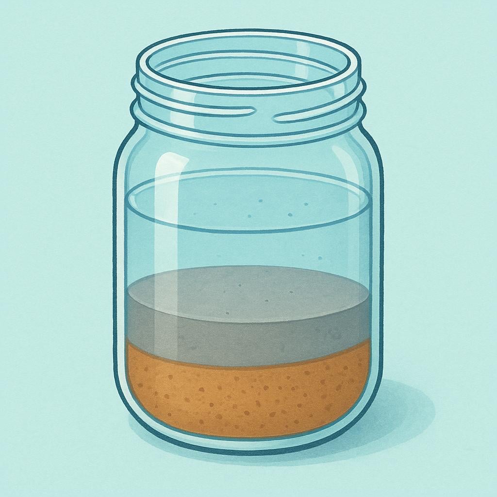 A cross-section view of a clear glass jar containing water, showing distinct, separate layers of fine, settled sand and mud at the very bottom.