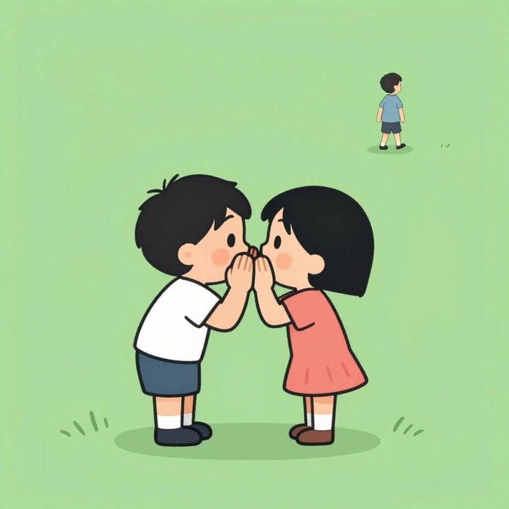 Two people whispering to each other while pointing at a person walking away in the distance.