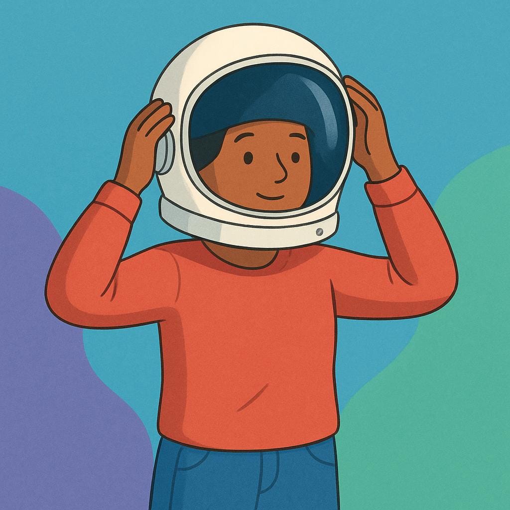 宇宙服のヘルメットをかぶろうとしている普段着の人物を描いたカラフルなイラスト。職業や地位の変化を象徴しています。