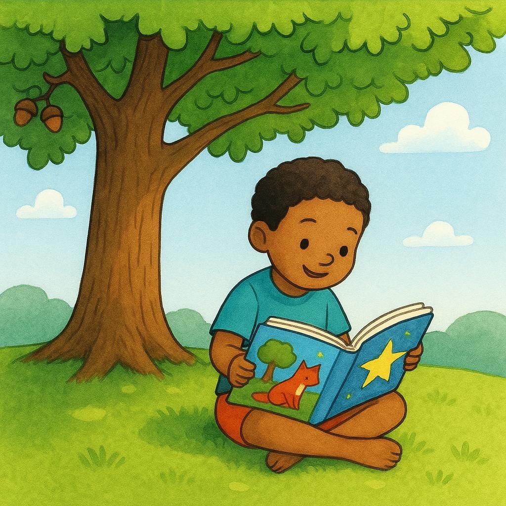 A happy child is sitting comfortably on a patch of green grass under a large oak tree, deeply engrossed in reading a colorful book, symbolizing time being spent.