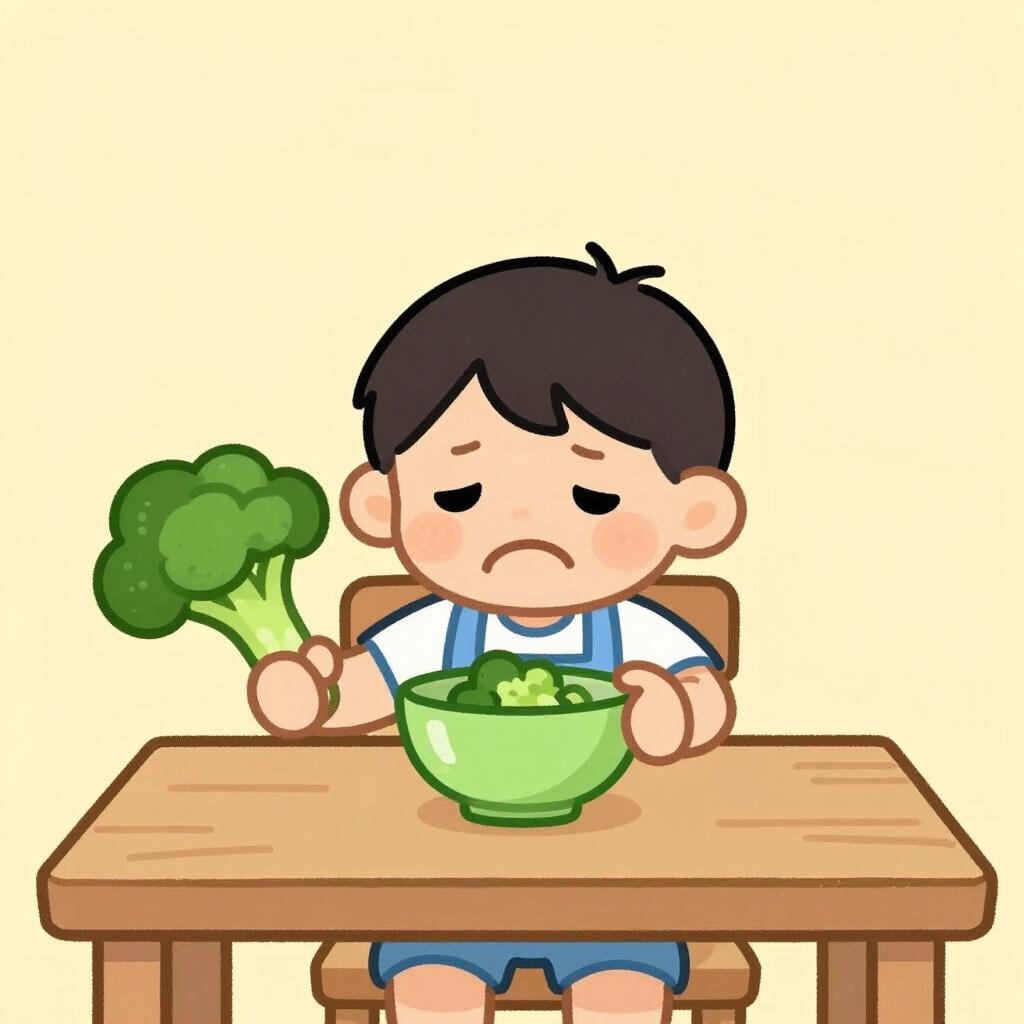 A child making a sour face and pushing away a bowl of broccoli.
