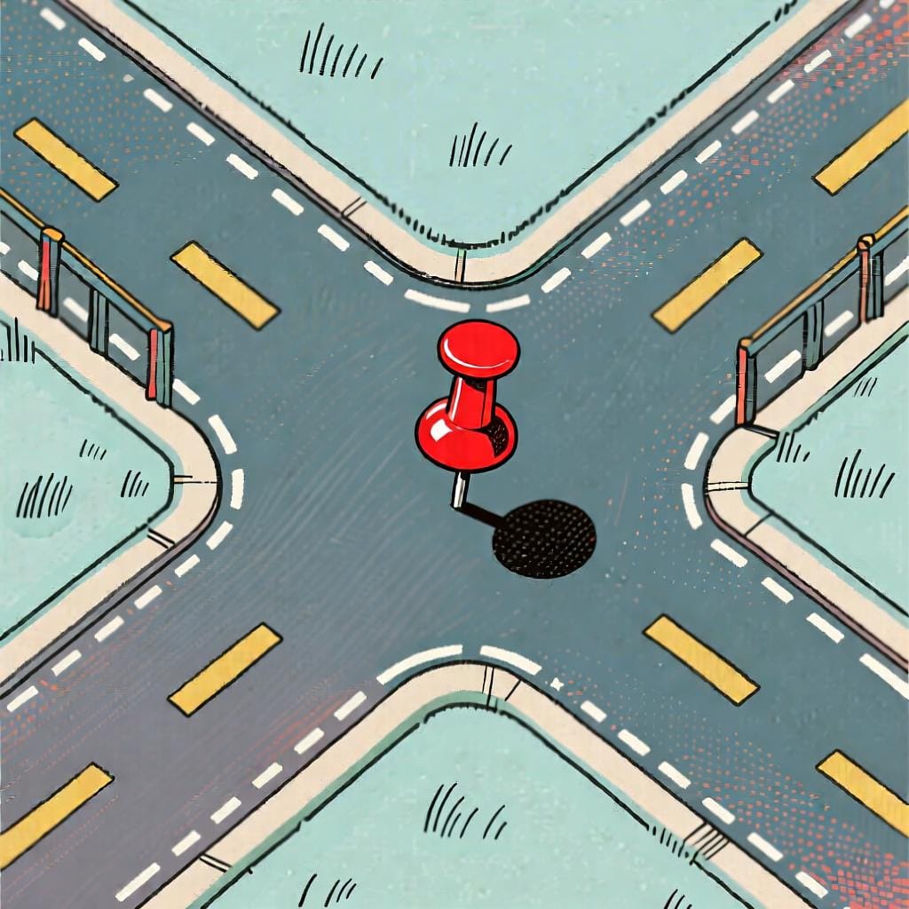 A stylized map showing a bright red pushpin placed precisely at the exact center point of a road intersection, emphasizing exact location.