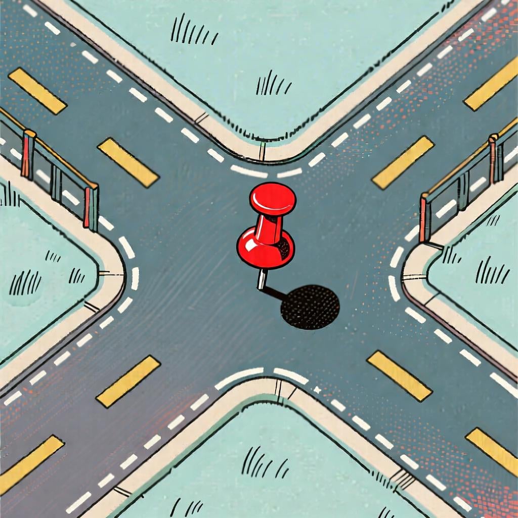A stylized map showing a bright red pushpin placed precisely at the exact center point of a road intersection, emphasizing exact location.