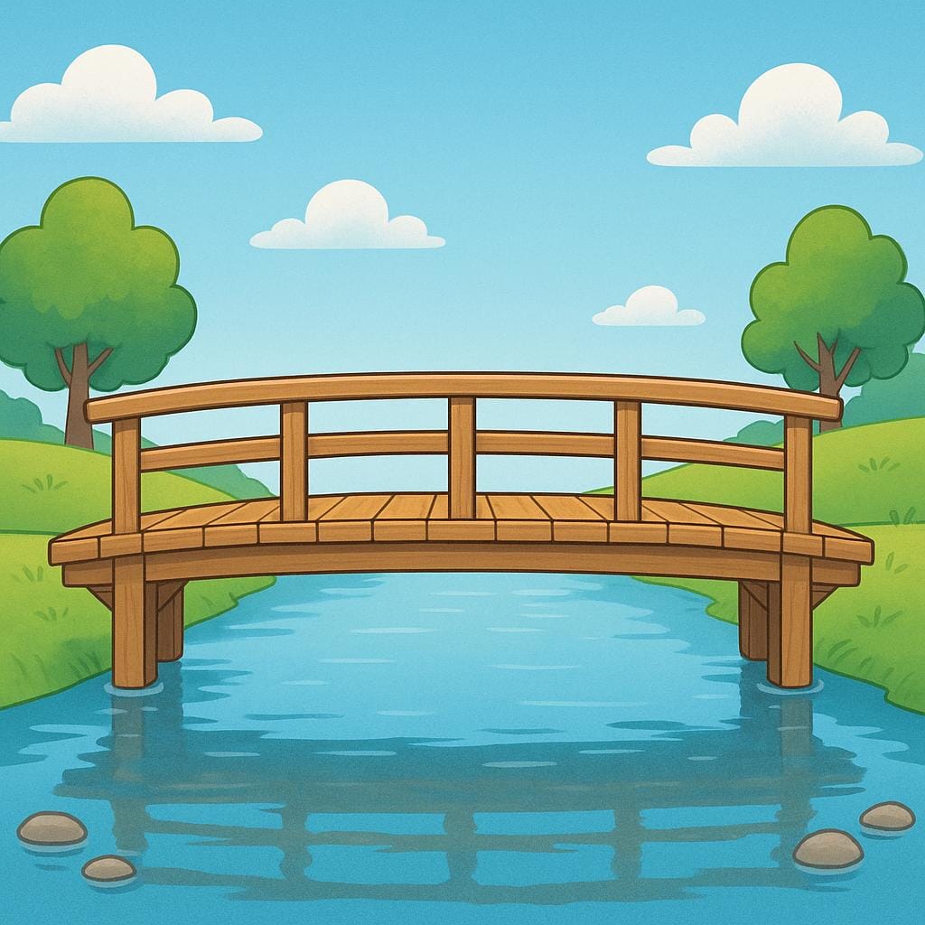 A perfectly straight and level wooden bridge crossing a calm stream, symbolizing stability.
