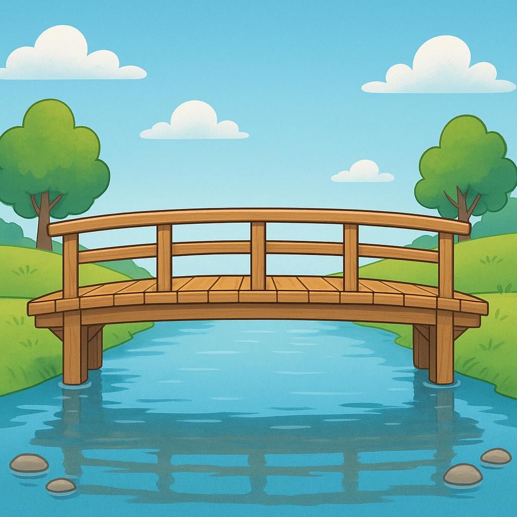 A perfectly straight and level wooden bridge crossing a calm stream, symbolizing stability.