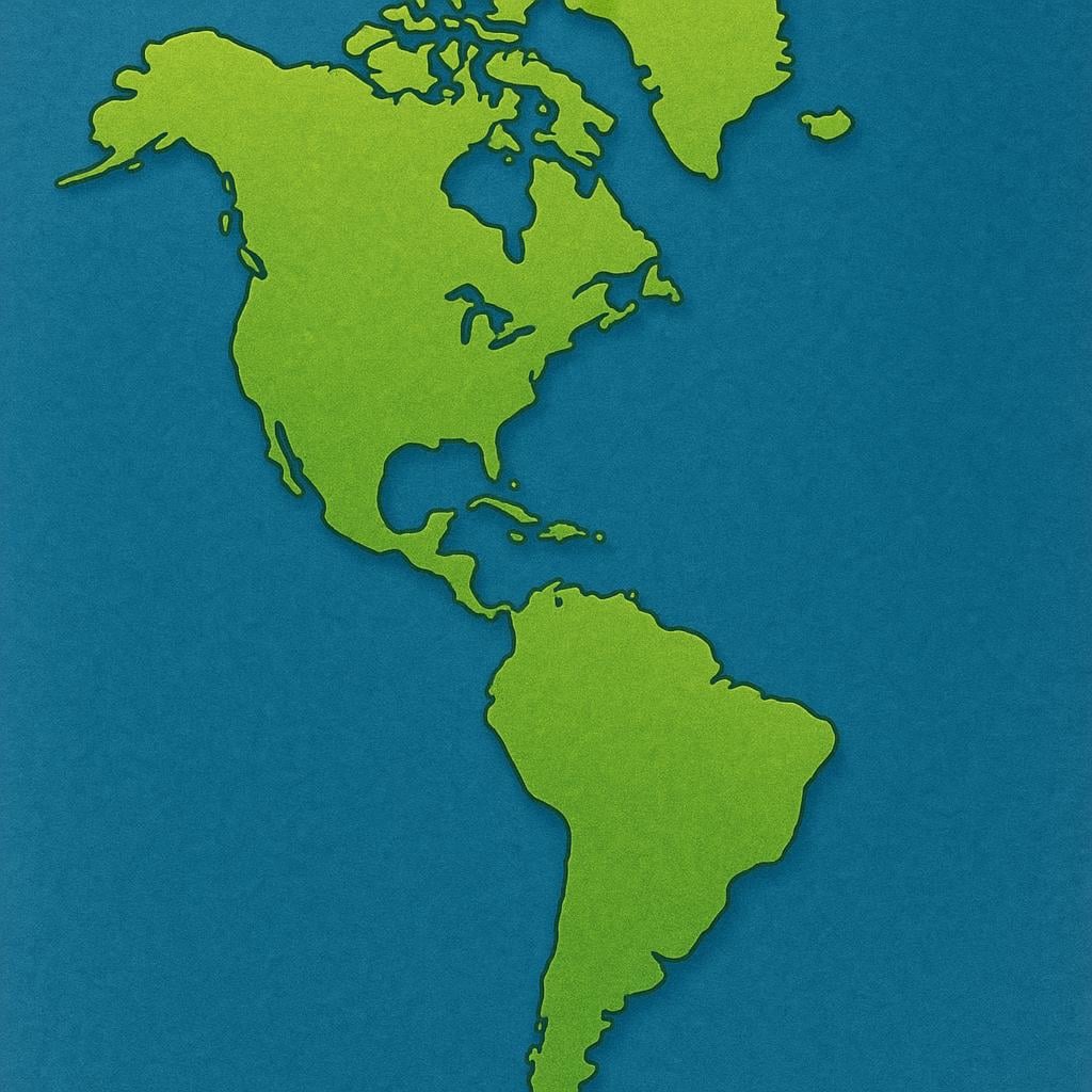 A simple illustration showing the connected landmasses of North and South America floating in the ocean.