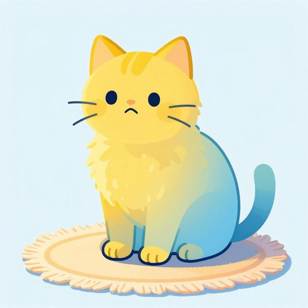 A happy yellow cat slowly turning into a blue color with a frowny face.