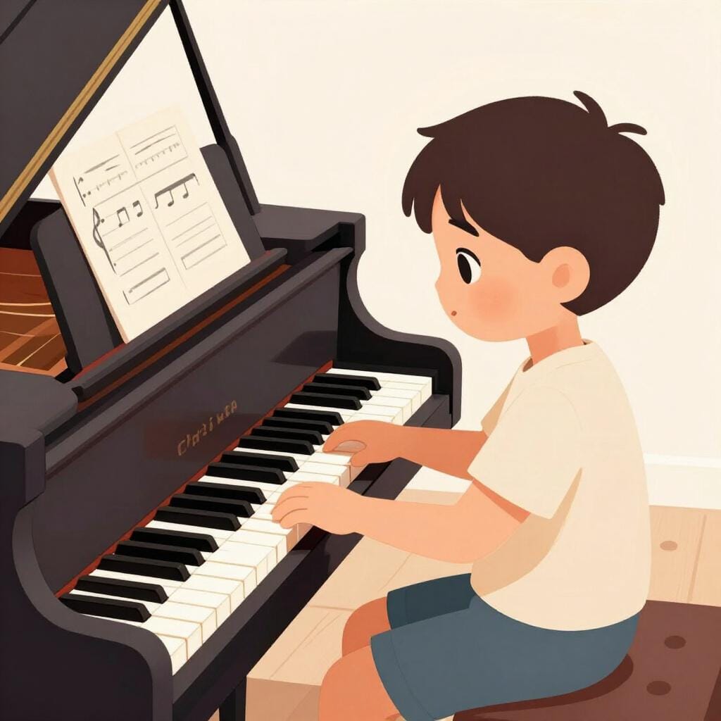 A young child sitting at a grand piano, playing with focus and skill.