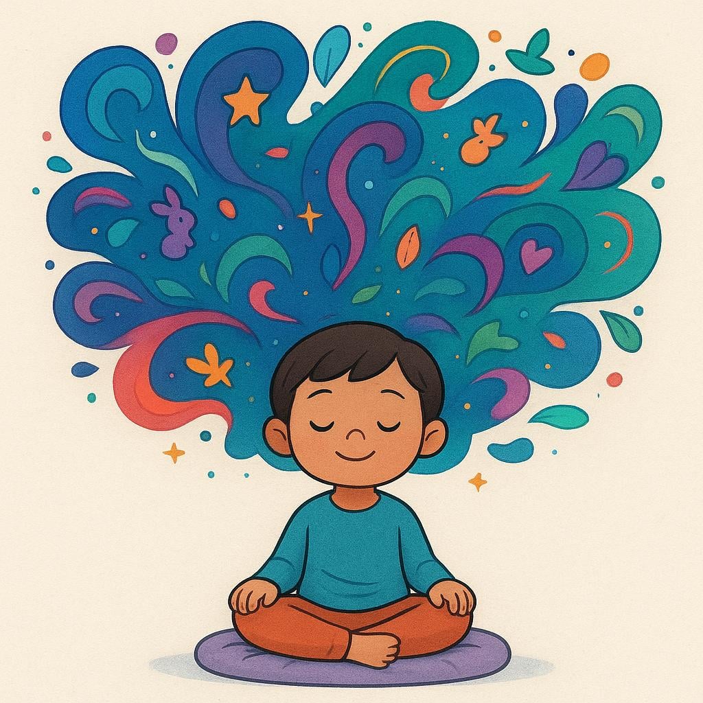 A vibrant storybook illustration of a young child sitting quietly. A colorful, swirling cloud of abstract shapes and stars is floating directly above the child's head, visually representing the creation of mental images and ideas.