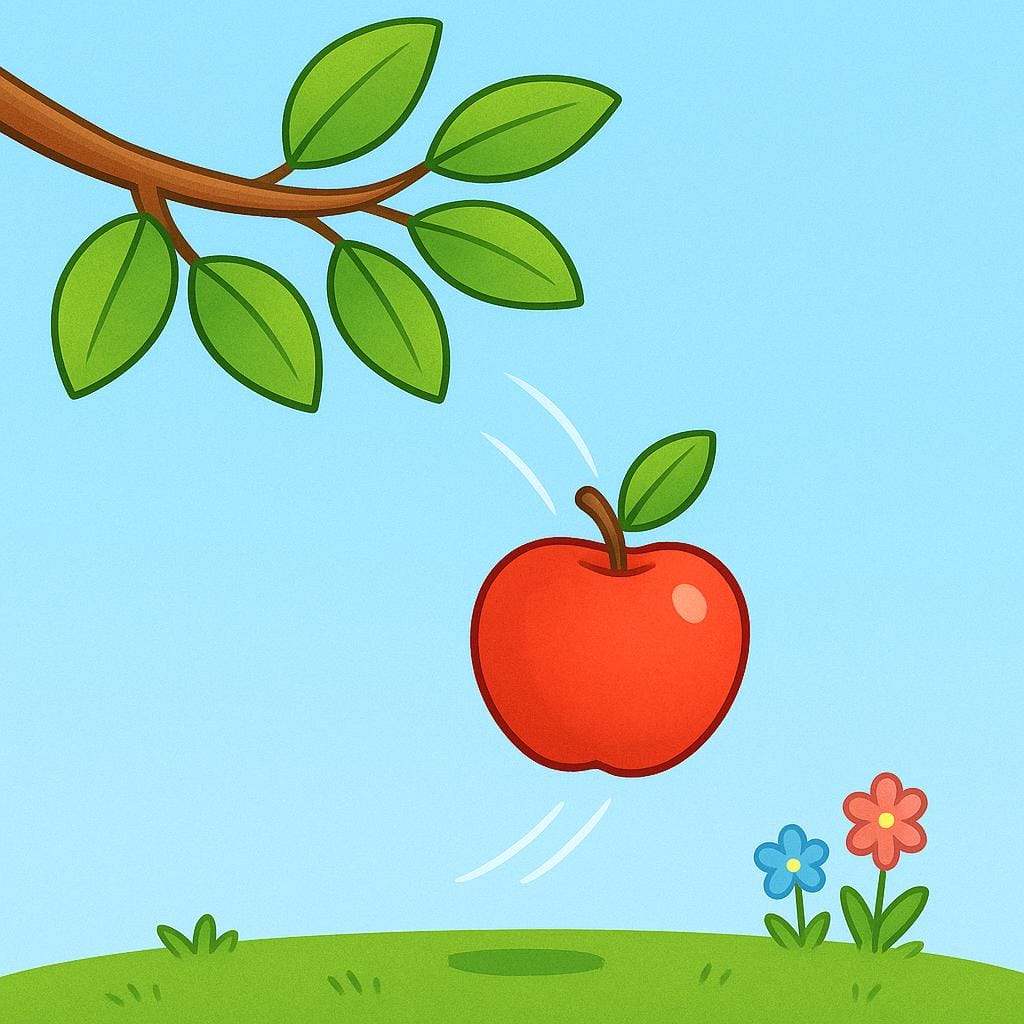 A ripe red apple detaching from a green tree branch and falling rapidly toward the ground.