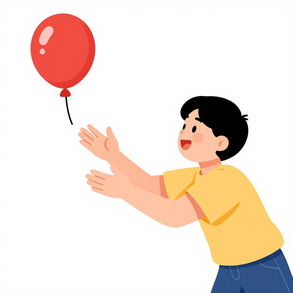 Uma pessoa a estender a mão para agarrar um balão vermelho brilhante que passa, mostrando uma reação rápida.