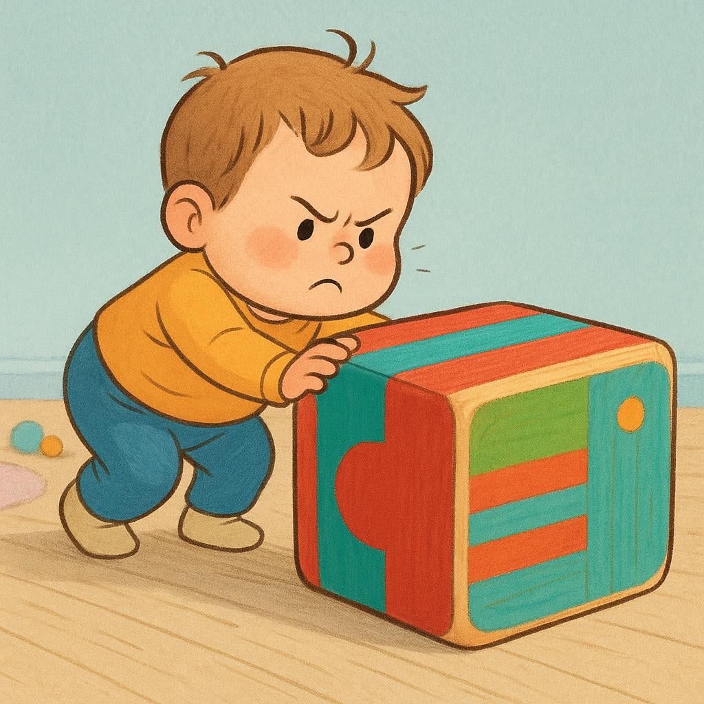 A young child with a determined expression straining to push a very large, colorful wooden block across a floor, illustrating effort and trying.