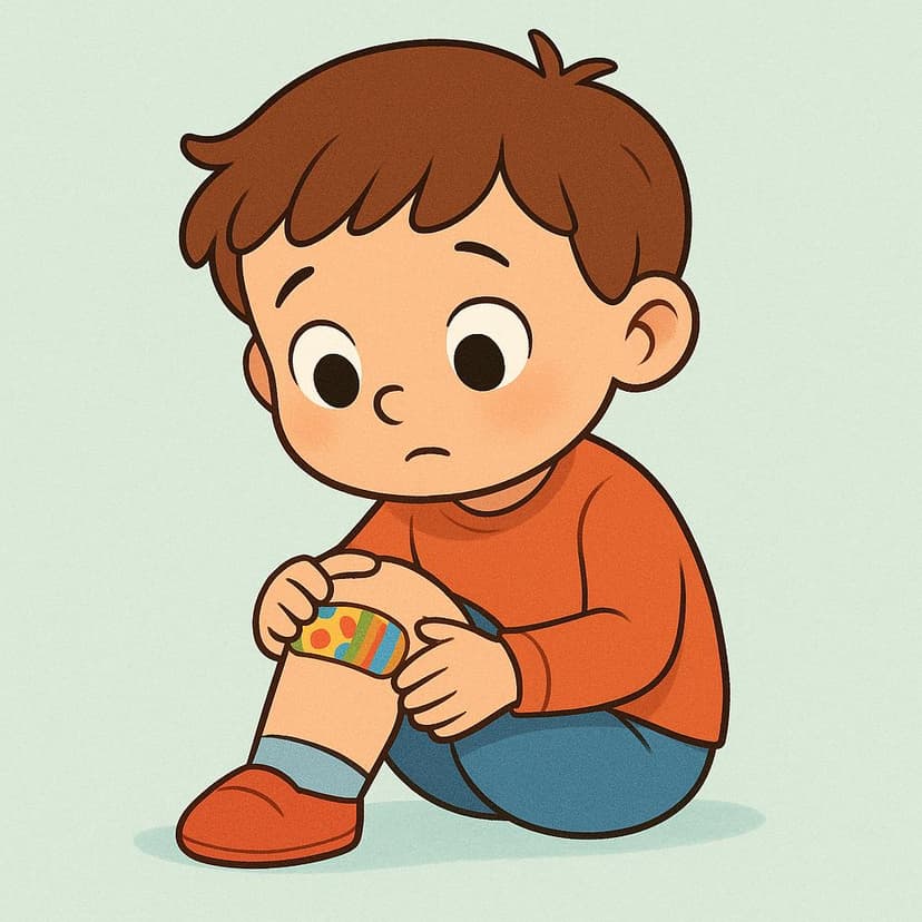 A high quality simple colorful storybook illustration showing a small cartoon child character holding a knee with a colorful bandage on it, signifying a physical wound.