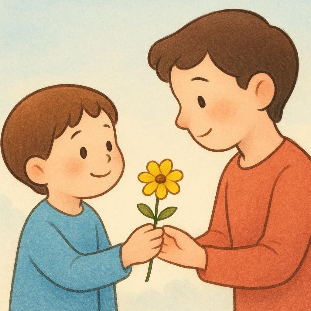 A simple storybook illustration showing one small character offering a bright yellow flower to another character, who is receiving the gift with a warm, grateful smile.