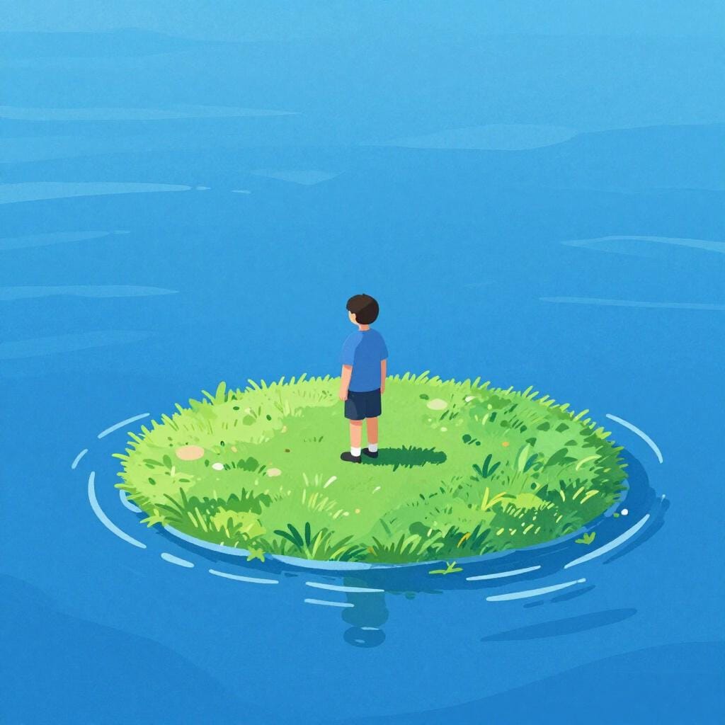 A person standing on a small island of land with water on all sides, looking trapped.