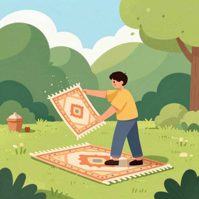 A person standing outdoors shaking a small rectangular rug, with tiny dust particles flying off into the air.