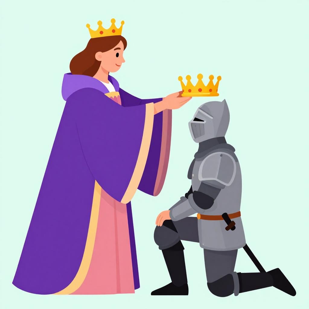 Une reine place une couronne dorée sur la tête d'un chevalier.