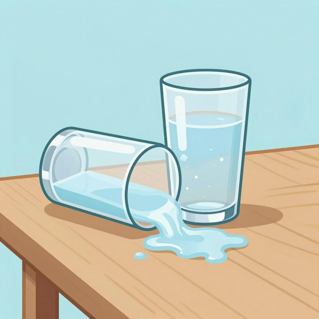 A glass of water tipping over and spilling on a table.