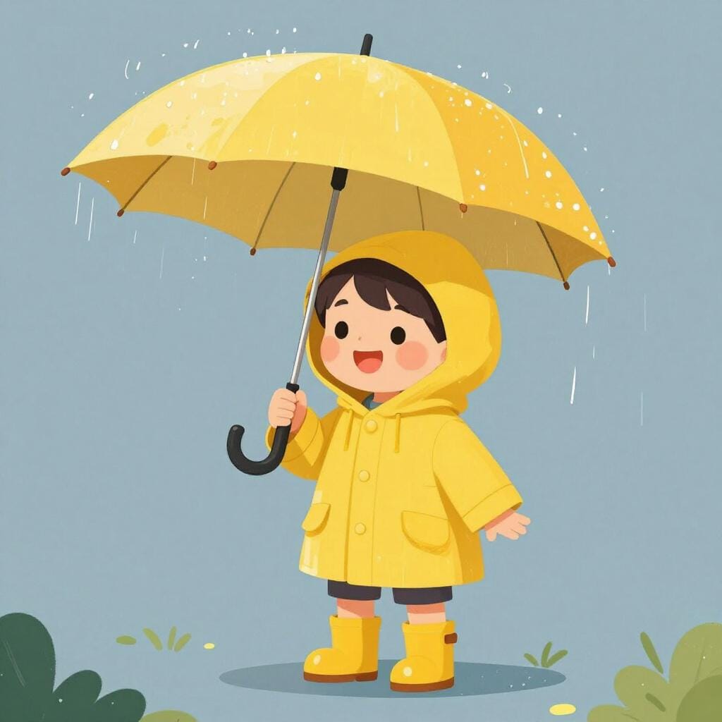 A child wearing a yellow raincoat and boots standing in a puddle under an umbrella to stay dry.