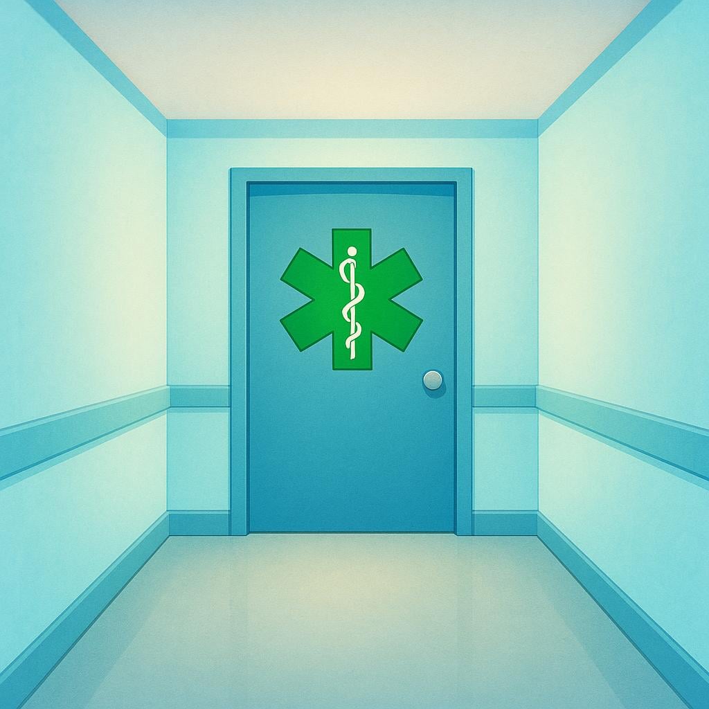 A brightly lit hospital hallway leading to a closed door, which is prominently marked with a large, green Star of Life symbol, indicating the emergency room.