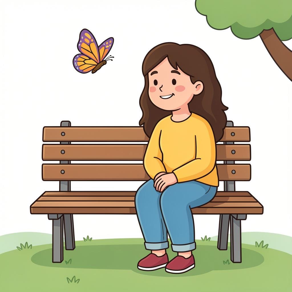 A person sitting on a park bench with a peaceful, happy expression.