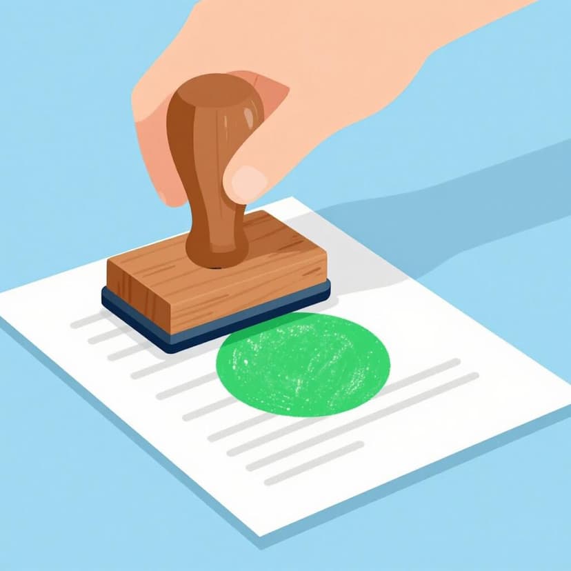 A hand pressing a large green circular stamp onto a formal document, leaving a bold green mark of approval.
