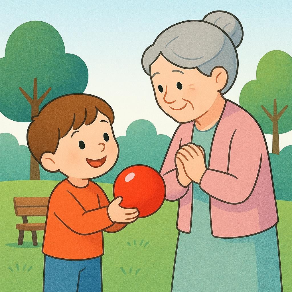 A cheerful child holding a large red lost ball, handing it back to a relieved elderly woman.