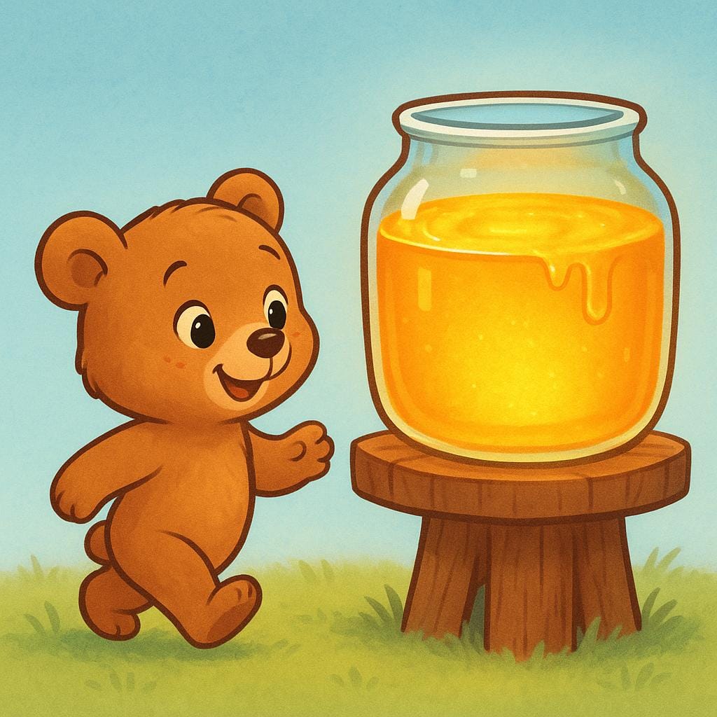 A cheerful bear cub is walking eagerly toward an open jar of glowing golden honey.