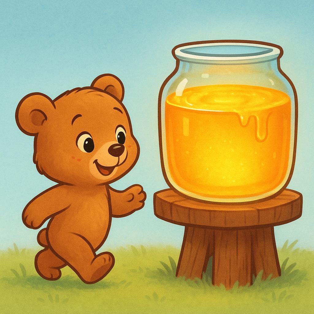 A cheerful bear cub is walking eagerly toward an open jar of glowing golden honey.