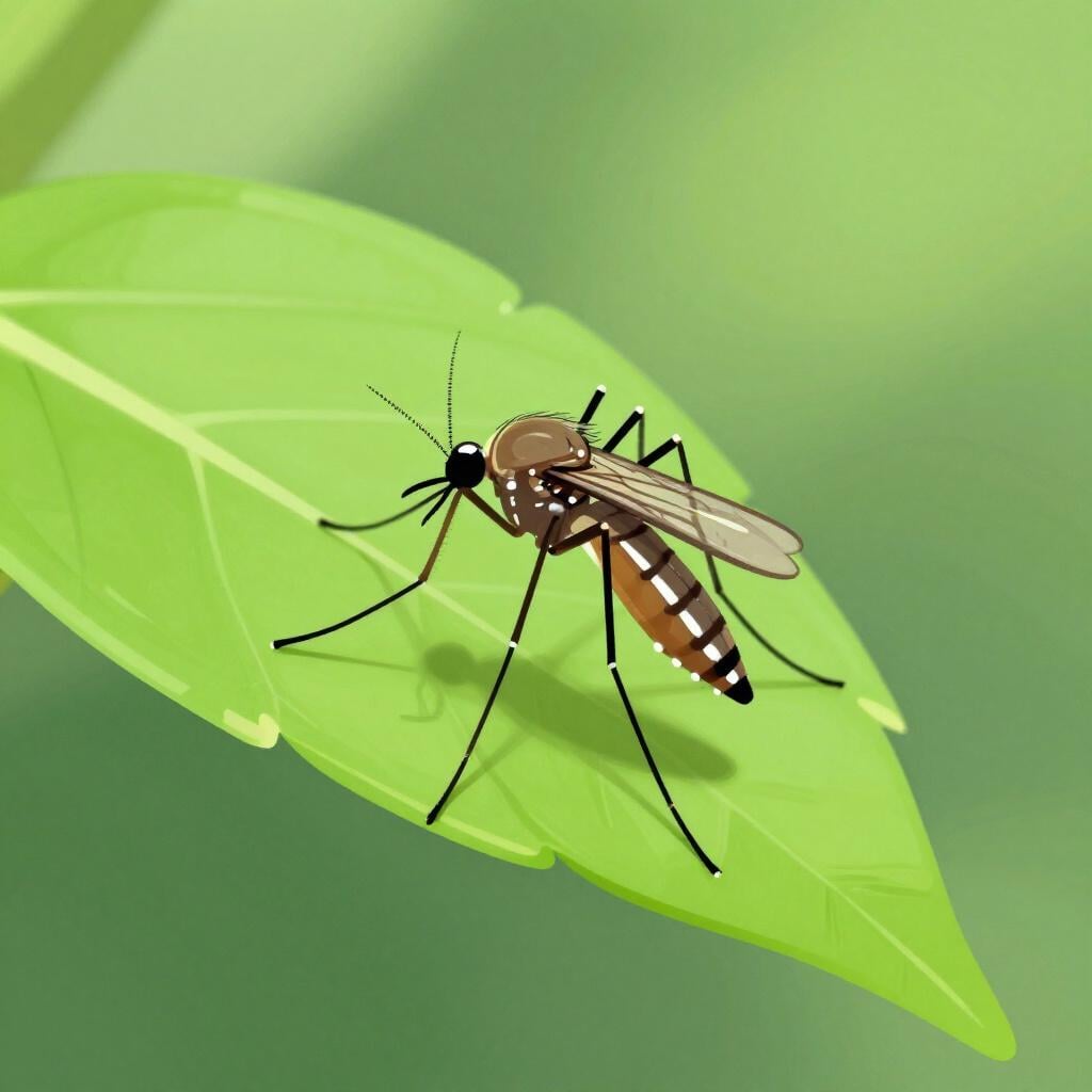Une illustration colorée d'un seul moustique aux ailes fines et aux longues pattes, posé sur une feuille verte.