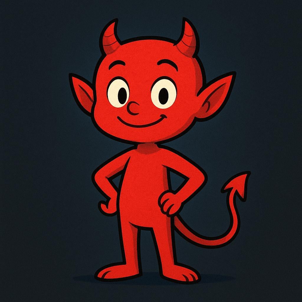 A simple storybook illustration of a stylized red demon with small horns and a pointy tail, representing an evil spirit.