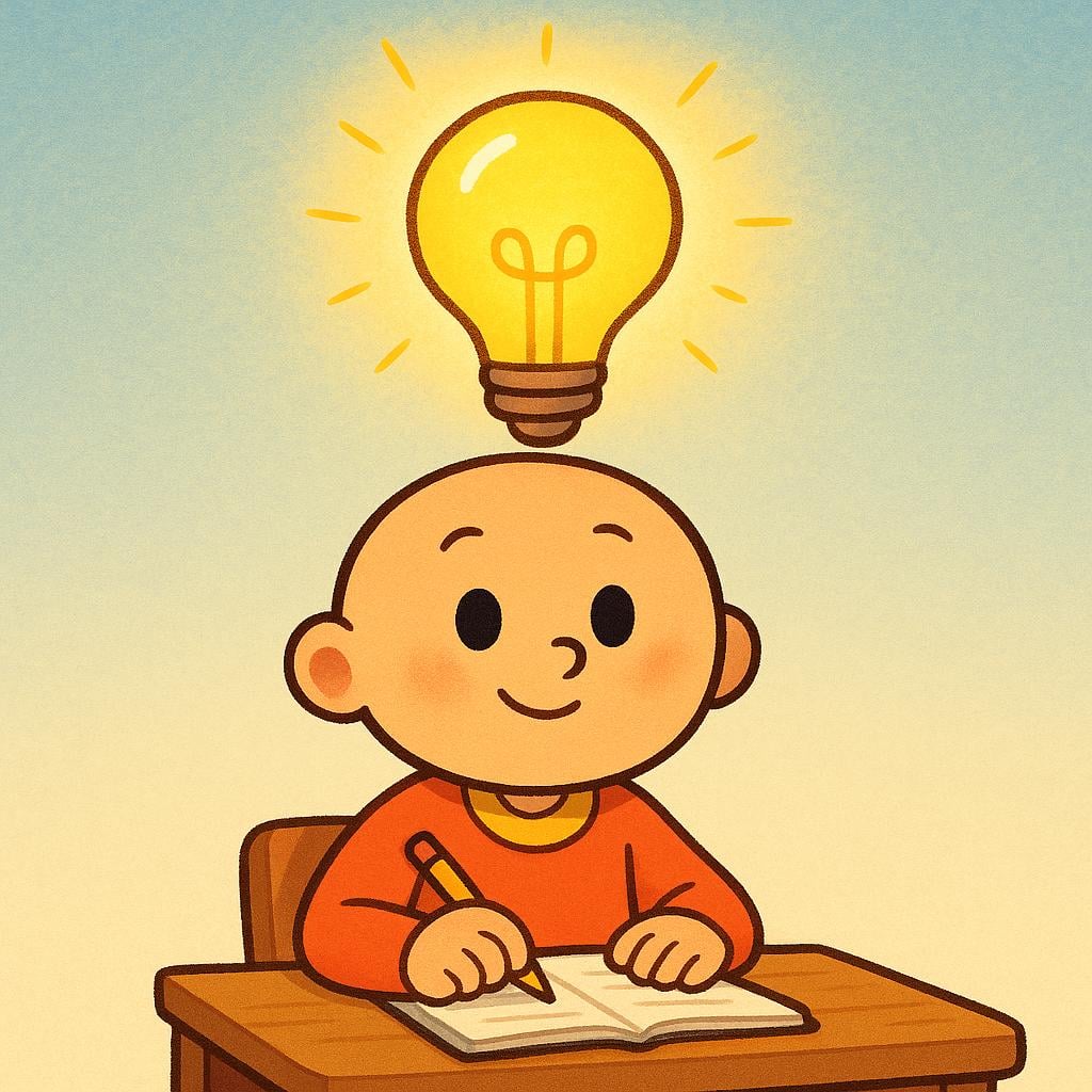 A friendly, simple character sitting quietly, suddenly getting a bright idea, symbolized by a large, glowing lightbulb appearing instantly above their head.