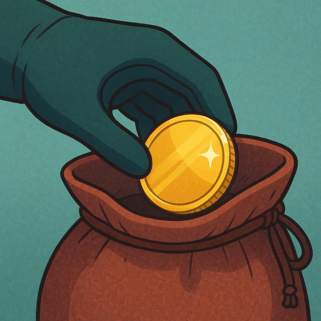 A storybook illustration showing a hand secretly performing the act of stealing a coin from a small, open pouch.