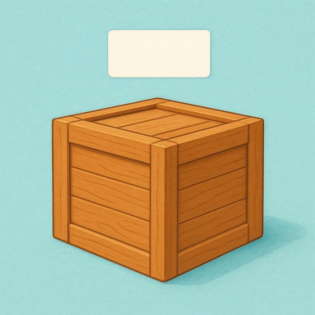 Une simple illustration colorée d'une caisse ou boîte en bois. Une petite étiquette vierge flotte directement au-dessus de la boîte, représentant l'acte de lui donner un nom.