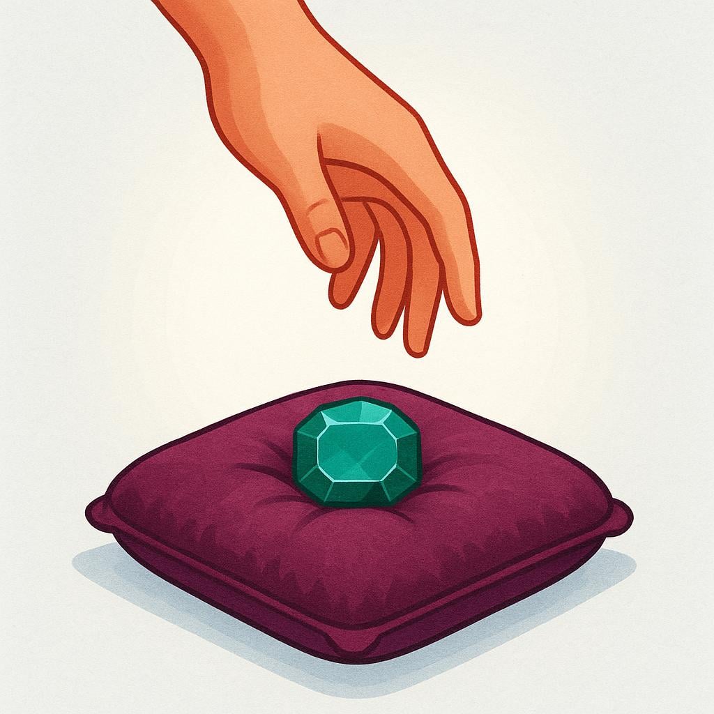 A stylized human hand reaching down toward a material object like a jewel on a cushion, symbolizing earthly temptation or worldliness.