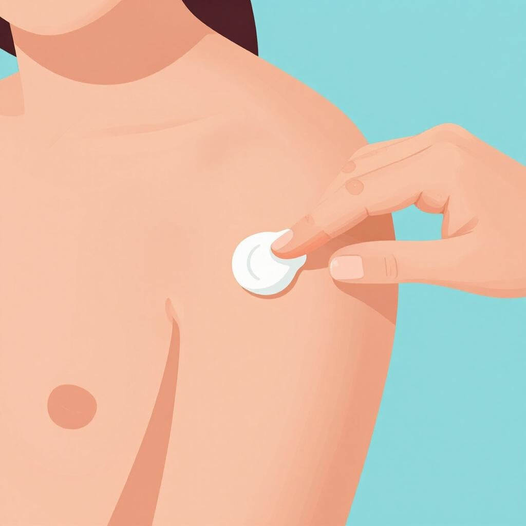 손으로 팔에 하얀 크림을 소량 부드럽게 바르는 모습.