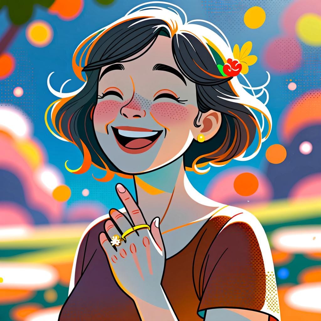 A portrait of a smiling adult woman wearing a simple gold wedding band on her ring finger, symbolizing her role as a wife.