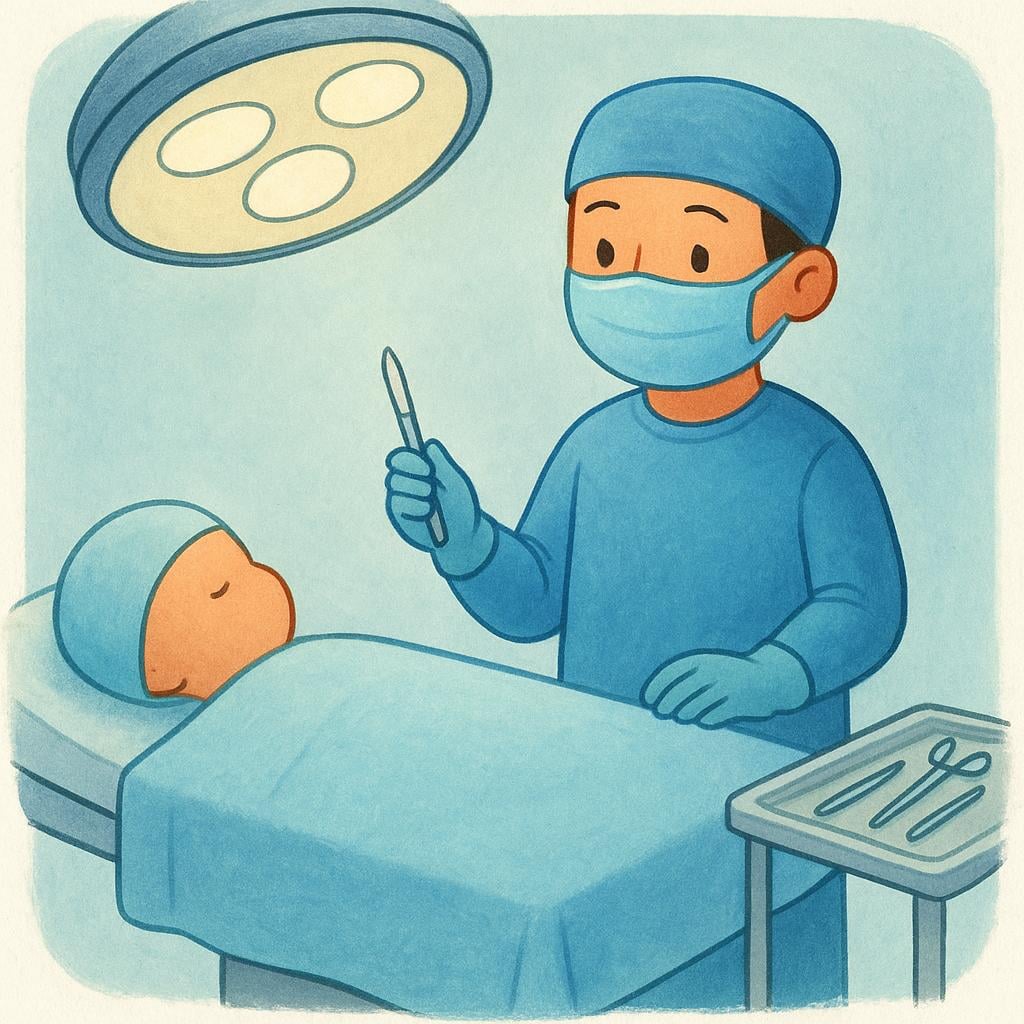 A surgeon wearing scrubs and a mask, standing over an operating table in a brightly lit room.