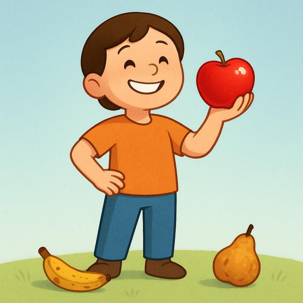 A cartoon person holds a single, chosen item, smiling brightly, while two other discarded items lie on the ground, symbolizing a final resolution.