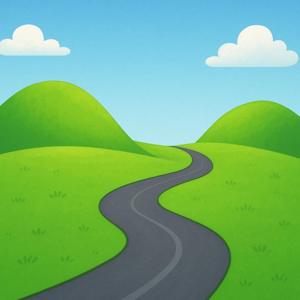Uma paisagem verde simples apresentando duas colinas distintas. Uma estrada pavimentada clara e sinuosa conecta a base da primeira colina à base da segunda colina, ilustrando uma rota física.