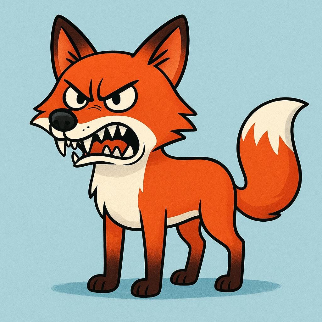 Een eenvoudige illustratie van een cartoonvos die fel gromt en zijn scherpe tanden ontbloot in een duidelijke vertoning van agressie.