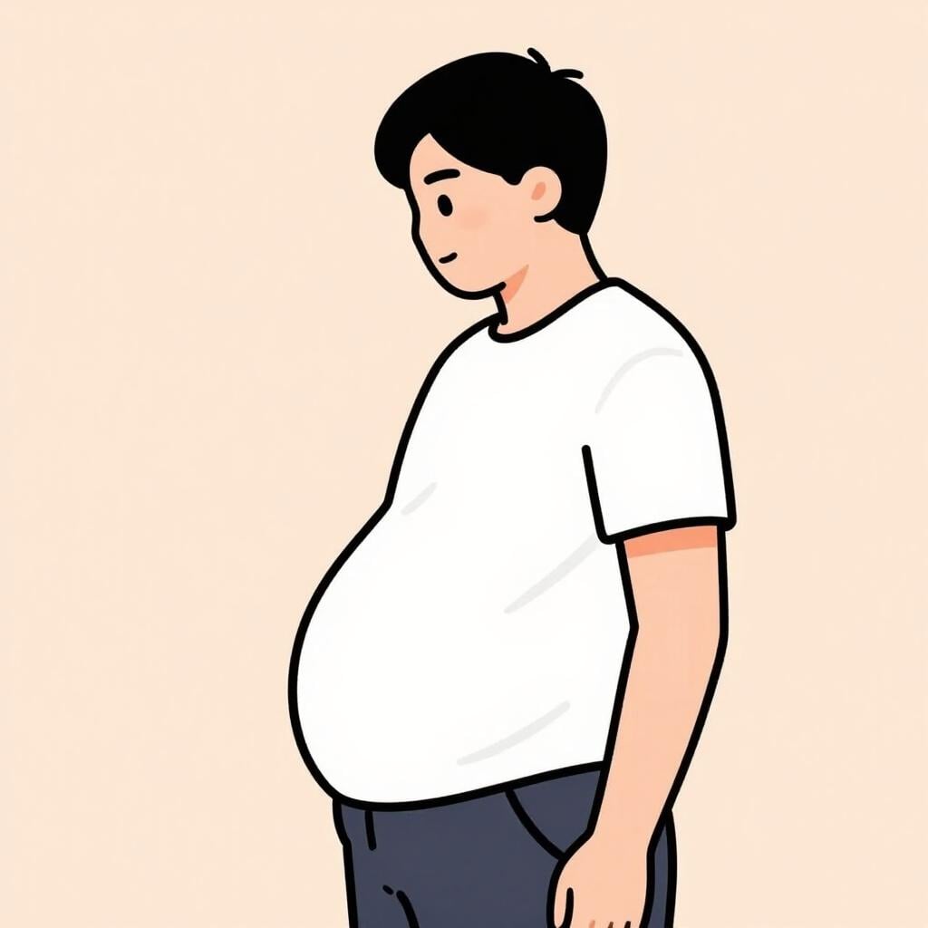 Une illustration de livre d'histoires colorée d'un homme avec un gros ventre de femme enceinte, debout dans une pièce confortable.
